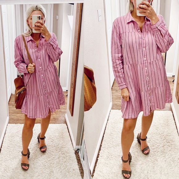 Swanky Love Linen J.Jill pink striped Tiered Short dress size petite Large